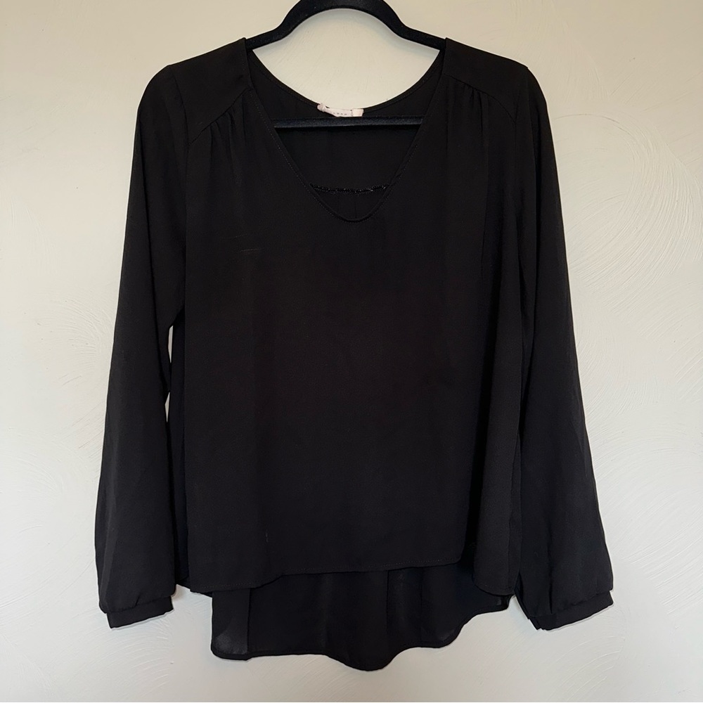 Lush Flowy Black Pleated Back Long Sleeve Top